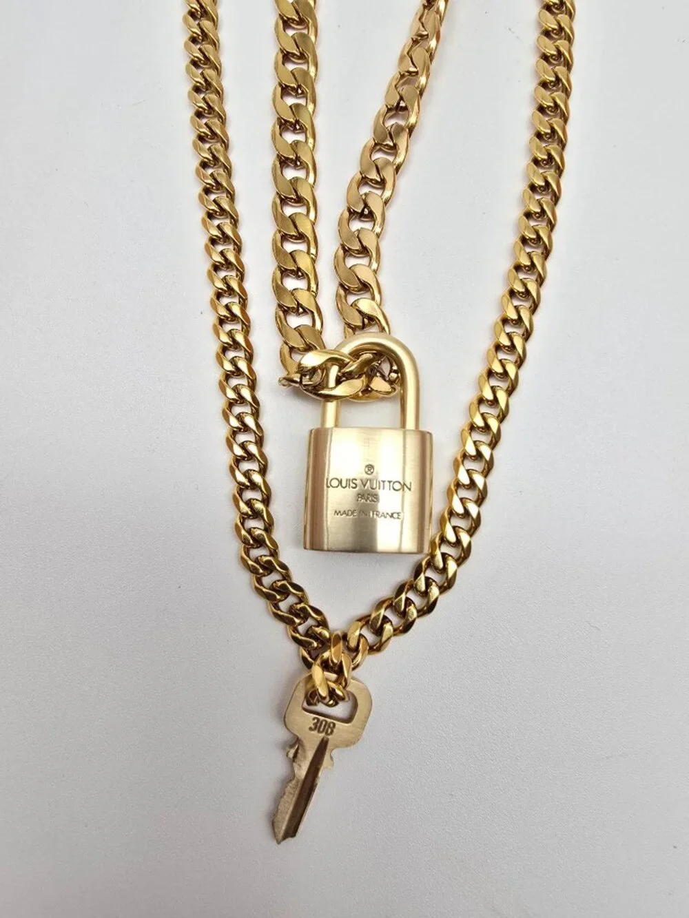 Authentic Louis Vuityon Gold Padlock Pendant with Stainless Steel 2 Cuban Style